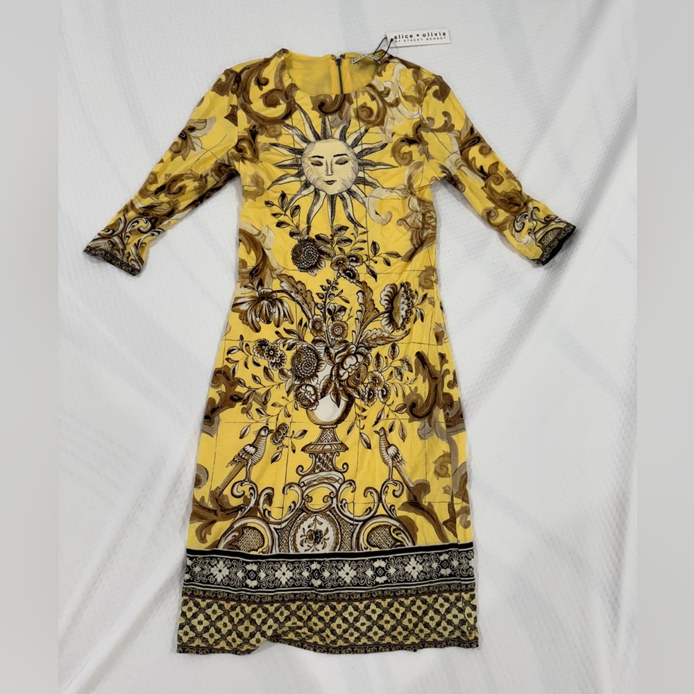 Alice + Olivia Yellow and Brown Sun Motif Dress